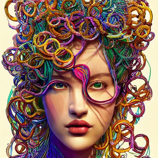 Image similar to the portrait of a ridiculously beautiful and elegant woman partially made of onion rings of all colors, an ultrafine detailed illustration by james jean, final fantasy, intricate linework, bright colors, behance contest winner, vanitas, angular, altermodern, unreal engine 5 highly rendered, global illumination, radiant light, detailed and intricate environment