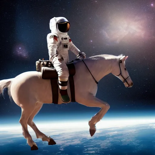 Prompt: an astronaut riding a horse in the void of space, photorealist, 4 k