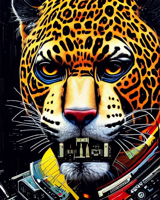 Image similar to a portrait of an anthropomorphic cyberpunk jaguar by sandra chevrier, by jon foster, detailed render, tape deck, epic composition, cybernetics, 4 k realistic, cryengine, realistic shaded lighting, sharp focus, masterpiece, by enki bilal