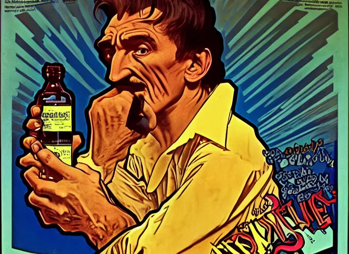 Prompt: barry chuckle drinking a bottle of snake oil, snake oil advertisement from 1 9 8 8, artwork by alphonse mucha and richard corben, 3 d, high resolution 8 k