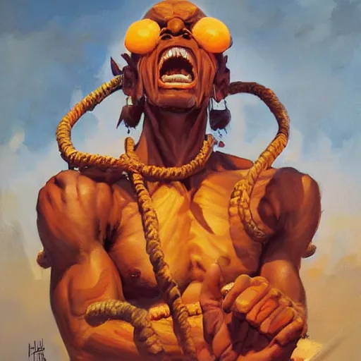 Image similar to greg manchess portrait painting of dhalsim from street fighter spitting fire as overwatch character, medium shot, asymmetrical, profile picture, organic painting, sunny day, matte painting, bold shapes, hard edges, street art, trending on artstation, by huang guangjian and gil elvgren and gerald brom