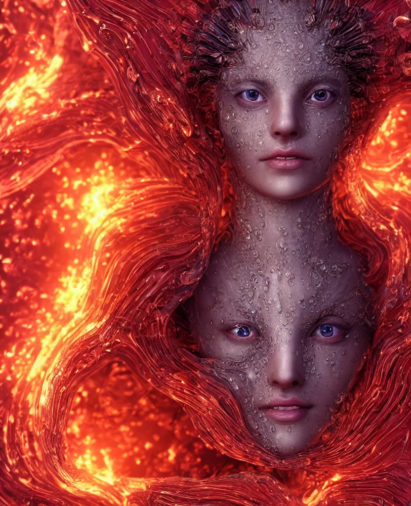 Image similar to close-up macro portrait of the face of a beautiful princess, epic angle and pose, symmetrical artwork, 3d with depth of field, blurred background, cybernetic jellyfish female face skull phoenix bird, translucent, nautilus, energy flows of water and fire. a highly detailed epic cinematic concept art CG render. made in Maya, Blender and Photoshop, octane render, excellent composition, cinematic dystopian brutalist atmosphere, dynamic dramatic cinematic lighting, aesthetic, very inspirational, arthouse. y Greg Rutkowski, Ilya Kuvshinov, WLOP, Stanley Artgerm Lau, Ruan Jia and Fenghua Zhong