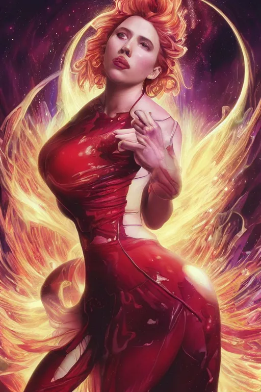 Image similar to celestial scarlett johansson emerging from a wormhole, by artgerm and yoshitaka amano and moebius and alphonse mucha, hyperdetailed, dc comics, ornate, nebula, explosions in the sky, trending on artstation