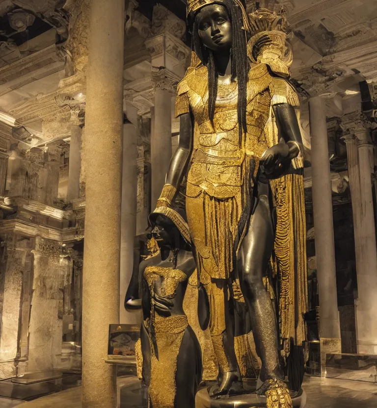 Prompt: a photo at the museum showing a black marble and gold full body sculpture of cleopatra. good quality, good light, anatomically correct, 8 k