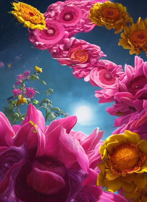 Image similar to An epic fantastic realism comic book style painting of the most beautiful flowers launched into space, bouquets, solar eclipse, fisheye, unreal 5, DAZ, hyperrealistic, octane render, dynamic lighting