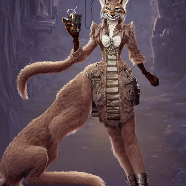 Image similar to the portrait of anthropomorphic lynx fursona wearing a steampunk dress as unimaginably beautiful, gorgeous, elegant, young lynx, an ultrafine hyperdetailed illustration by hioshiru, intricate linework, white fur, unreal engine 5 highly rendered, global illumination, radiant light, detailed and intricate environment