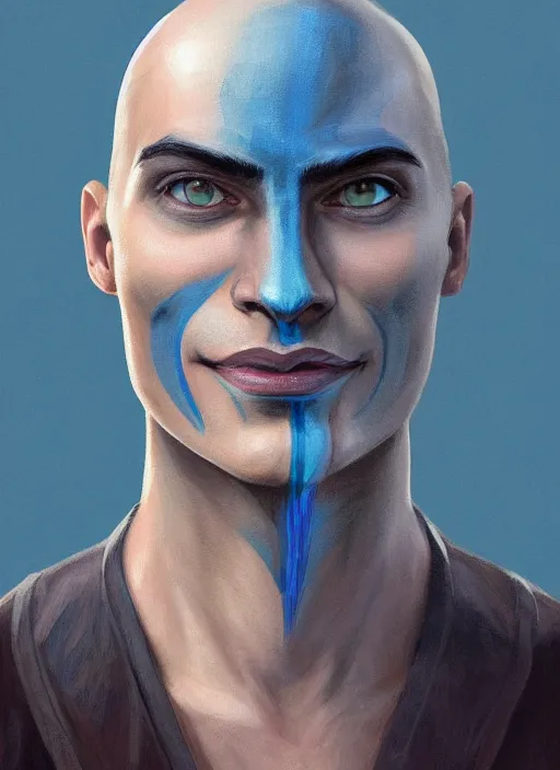 Image similar to head-on symmetrical centered painted portrait, a smiling bald and clean shaven androgynous man with completely blue skin in his twenties as a D&D wizard, fantasy, intricate, elegant, highly detailed, digital painting, smooth, sharp focus, illustration, artstation, in the style of Artgerm and Anna Podedworna and Charlie Bowater and Michael Garmash