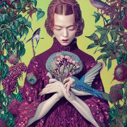 Image similar to pretty model with botanical and birds : : by martine johanna and simon stalenhag and chie yoshii and casey weldon and wlop : : ornate, dynamic, particulate, rich colors, intricate, elegant, highly detailed, vogue, harper's bazaar art, fashion magazine, smooth, sharp focus, 8 k, octane render