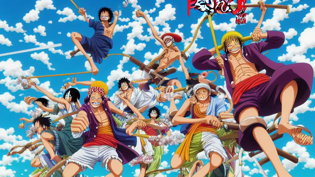 Image similar to onepiece in highly detailed manga spread combination of art styles depicting an impactful action scene on open meadow clear sky at noon with expert design fictional characters, dynamic art by sakimi, bright colors, moebius, makoto shinkai, murata, james jean, craig mullins, digital painting, masterpiece, best selling, pixiv, volumetric lighting, realistic shaded lighting, 8 k