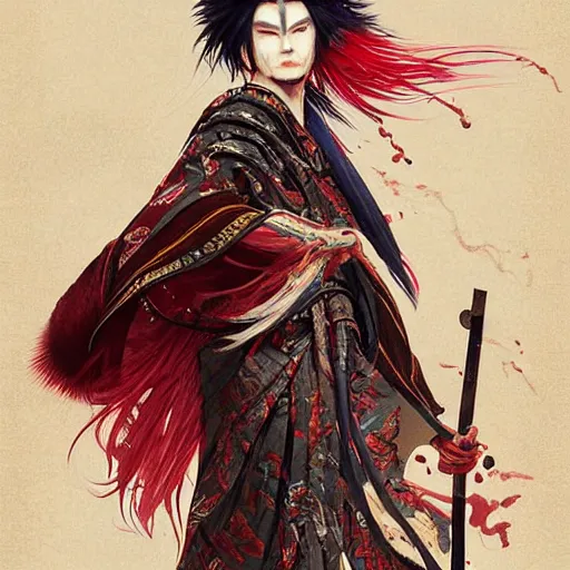 Image similar to an epic portrait of insane kabuki male wielding a spear covered in a distorting aura, intricate hakama, poofy red wig, eerie, highly detailed, dark fantasy, art by artgerm and greg rutkowski