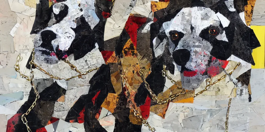 Image similar to mad dog on a chain, collage, sweeping paper and acrylic on canvas, minimalism and expressionism movement, breathtaking detailed, by natalia dumitrescu