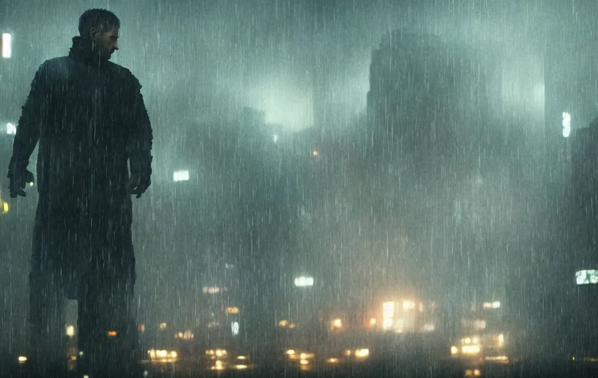 Prompt: blade runner 2047, movie, dystopian city, rain