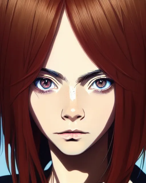 Prompt: portrait Anime as Cara Delevingne girl cute-fine-face, brown-red-hair pretty face, realistic shaded Perfect face, fine details. Anime. realistic shaded lighting by Ilya Kuvshinov katsuhiro otomo ghost-in-the-shell, magali villeneuve, artgerm, rutkowski, WLOP Jeremy Lipkin and Giuseppe Dangelico Pino and Michael Garmash and Rob Rey
