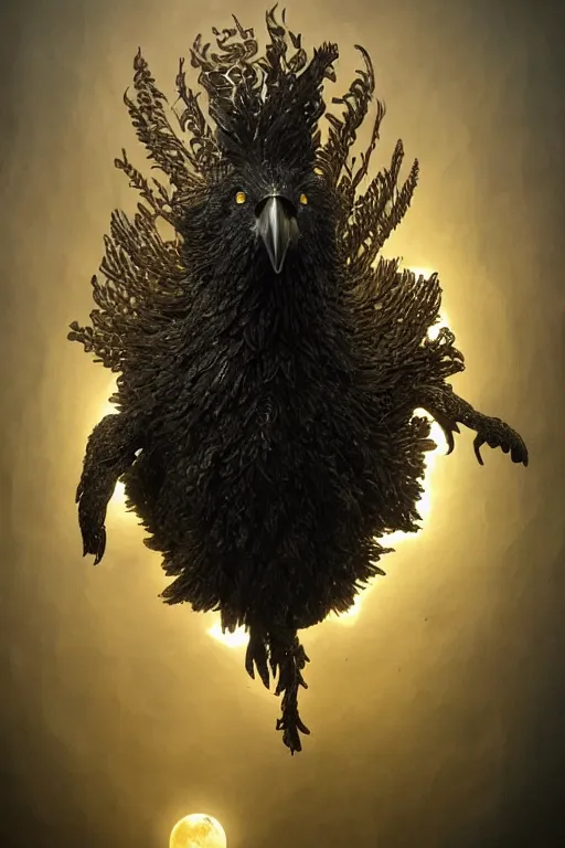 Image similar to Intricate stunning highly detailed raven by agostino arrivabene and Vladimir Kush, surreal metal sculpture, ultra realistic, Horror, dramatic lighting, full moon, blood moon, thick black swirling smoke tornado, burning fire embers, artstation