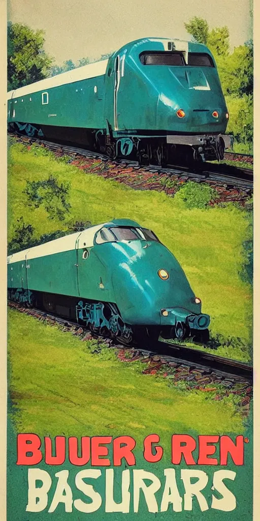 Prompt: blue and green train in the country, vintage retro poster,