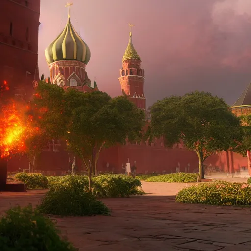 Image similar to huge explosion in Red Square Kremlin in the form of <cotton plants>, beautiful dynamic lighting, cinematic, establishing shot, extremely high detail, photo realistic, cinematic lighting, post processed, concept art, artstation, matte painting, style by frederic church, raphael lacoste, unreal engine 8k