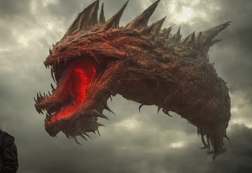 Image similar to vfx color film closeup, huge behemoth dragon face monster creature beast by aaron sims, in residential street, low - key lighting award winning photography arri alexa cinematography, hyper real photorealistic cinematic beautiful, atmospheric