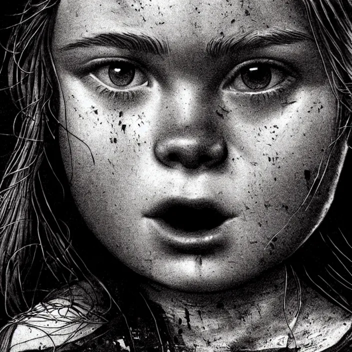 Image similar to extreme close - up on sadie sink as a miner : eating. background : black tiles on walls. black and white, pencil and ink. by gabriel hardman, joe alves, chris bonura. cinematic atmosphere, detailed and intricate, perfect anatomy