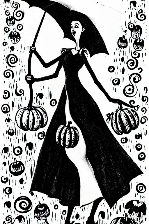 Image similar to black and white ink drawing of a beautiful woman in short gothic dress holding an umbrella next to a pumpkin by tim burton and edward gory