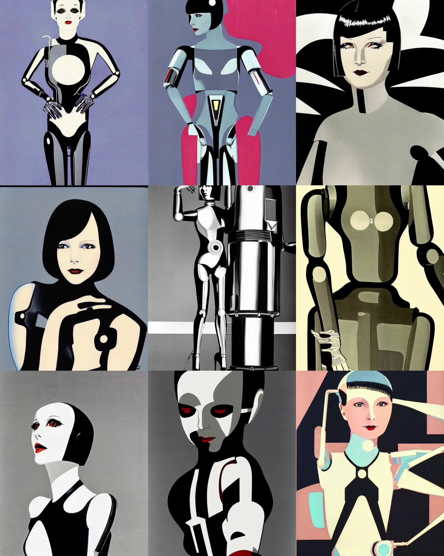 Prompt: mary louise brooks turning into a robot, half robot, 1 9 8 0 s, chrome outfit, airbrush, robot arms, black shiny bob haircut, by patrick nagel, art deco style