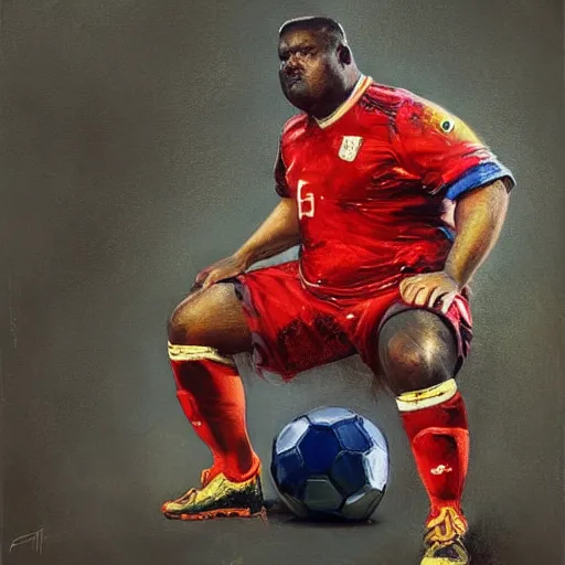 Image similar to A realistic hyperdetailed multi-colored digital oil full body portrait painting of an obese goal keeper on his knees holding a soccer ball up to the sky in the style of Guy Denning, Ruan Jia, and Craig Mullins. Trending on ArtStation and DeviantArt. CGSociety Digital art.