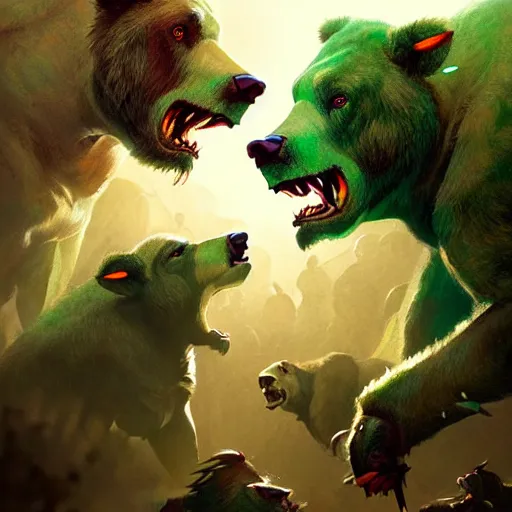 Prompt: green bulls fighting red bears, high intricate details, rule of thirds, golden ratio, cinematic light, anime style, art station, by greg rutkowski