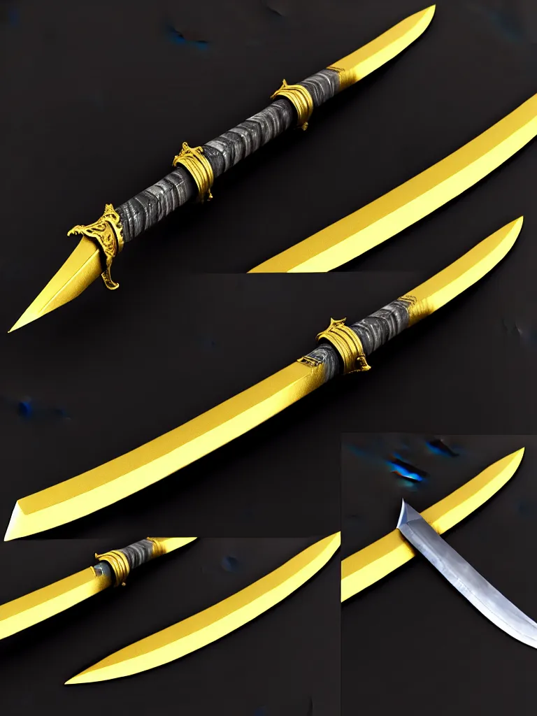 Image similar to magic long sword, proportional image, runed, black background, 3 d octane render, blade, sharp, gold, gems, cryptoblades