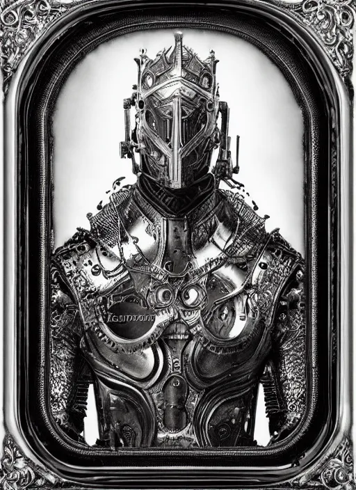 Image similar to old wetplate daguerreotype frame portrait of a futuristic silver armored king arthur emperor district 9 cyborg, fractal, intricate, elegant, highly detailed, subsurface scattering, by jheronimus bosch and greg rutkowski and louis jacques mande daguerre