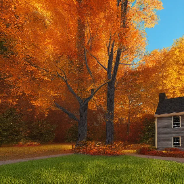 Image similar to black colonial new england house, tall maple tree in yard, large chimney with smoke, old street lamp, lights on inside, fall foliage, vermont mountain background, light cinematic, volumetric, realistic, cinematic lighting, ray tracing, unreal engine 5, octane render, hyper realistic, 8 k