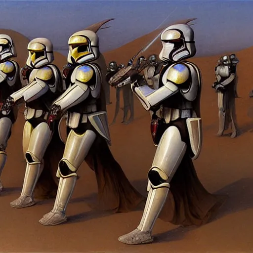 Prompt: study of star wars masked byzantine sutrmtroopers on the art deco streets of the giedi prime city of dune during the festival of masks, award - winning realistic sci - fi concept art by beksinski, bruegel, greg rutkowski, alphonse mucha, and yoshitaka amano