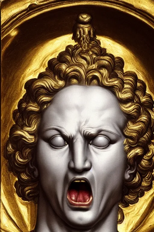 Image similar to archangel Michael, screaming face, closeup, ultra detailed, made in gold, Guido Reni style