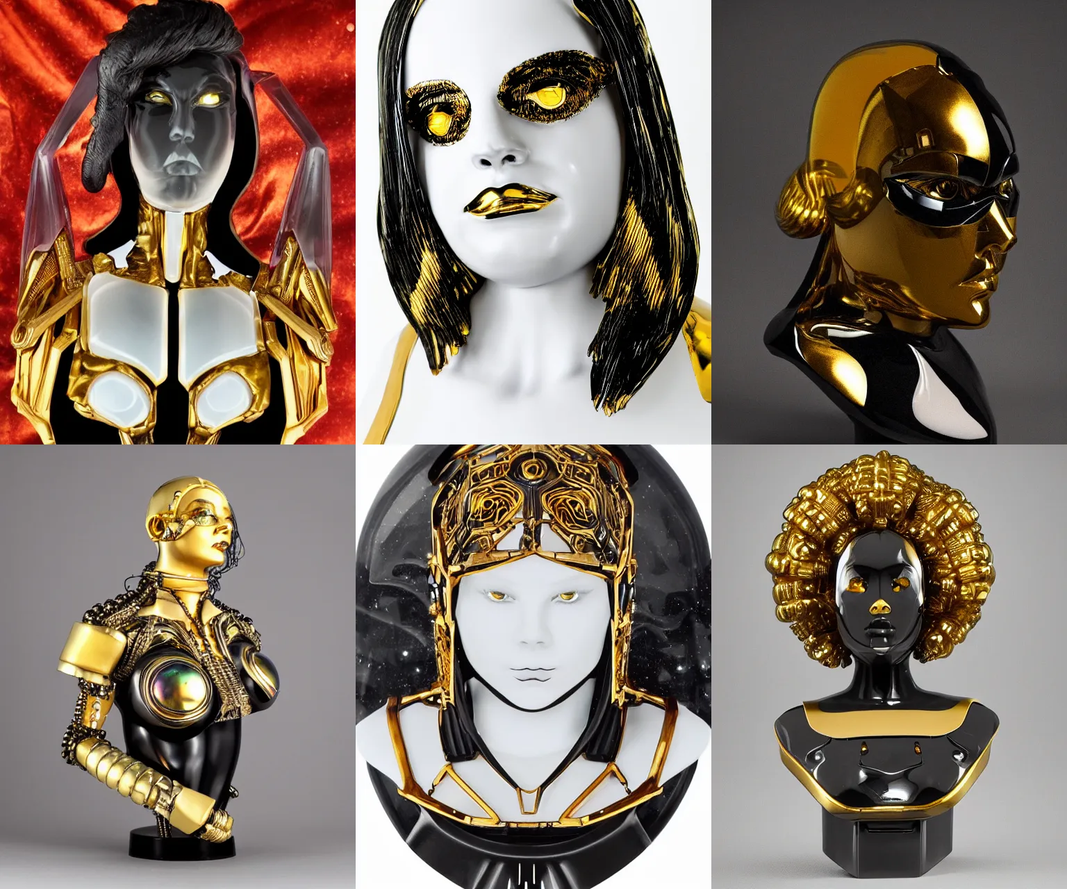 Prompt: translucent iridescente onyx and gold bust of angry futuristic obese cyborg young black galactic empress, organic cyborg, intricate