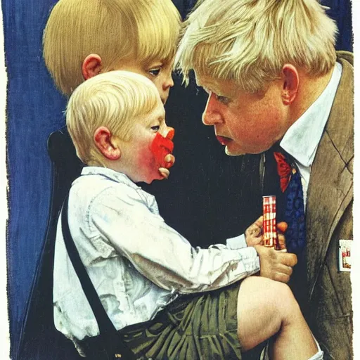 Prompt: Boris Johnson as a child eating a lollipop by Norman Rockwell