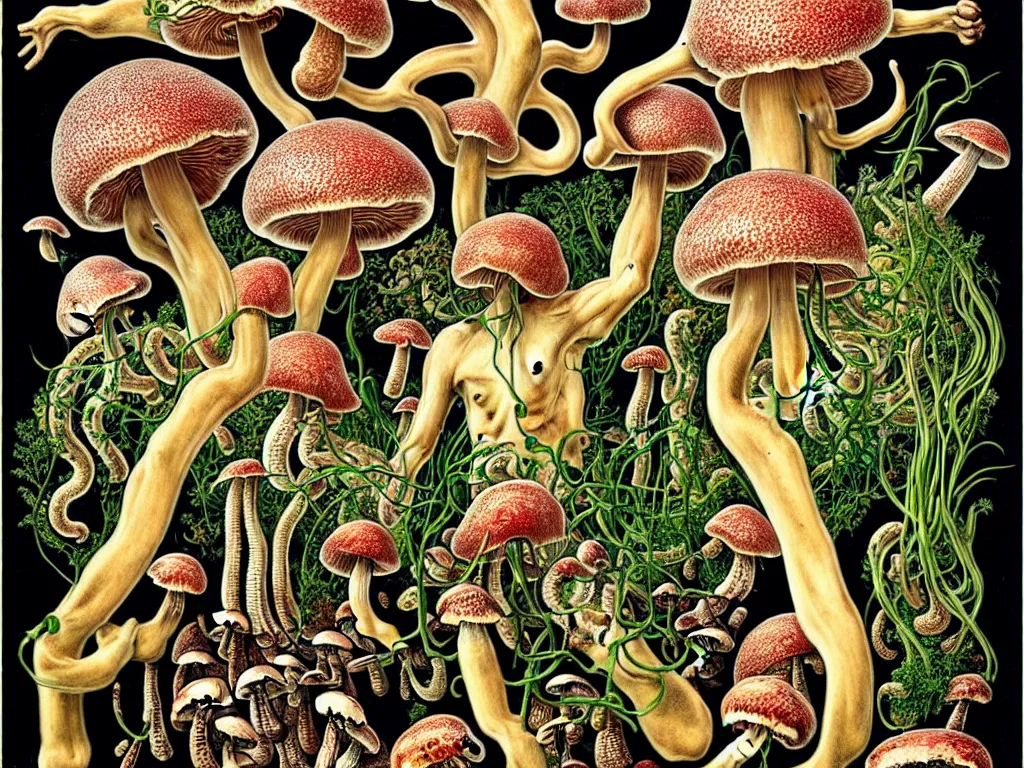 Image similar to human eating yourself with mushrooms, neo surrealism, art by ernst haeckel and daniel martin diaz