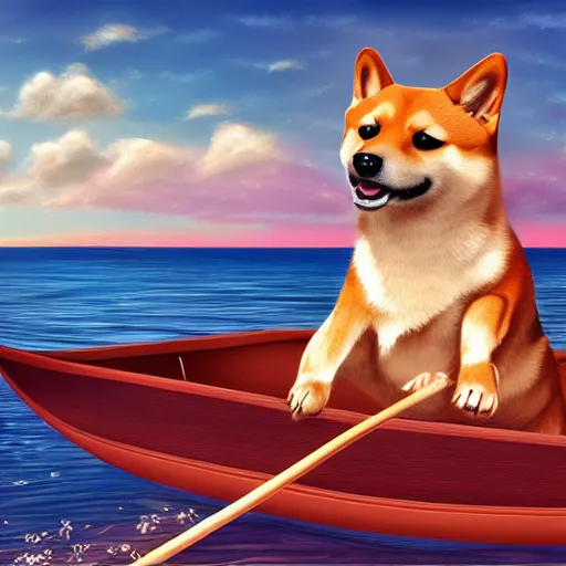 Image similar to a cute shiba inu steering a boat, endless sea, digital painting, 4 k, realistic