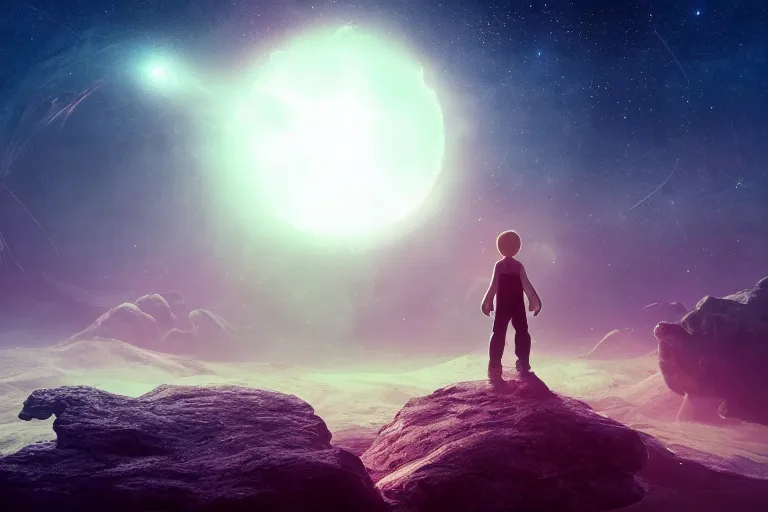 Image similar to tiny homunculus standing alone in cosmic dream landscape, cinematic, octane render, hyper detailed, lens flare, 4 k