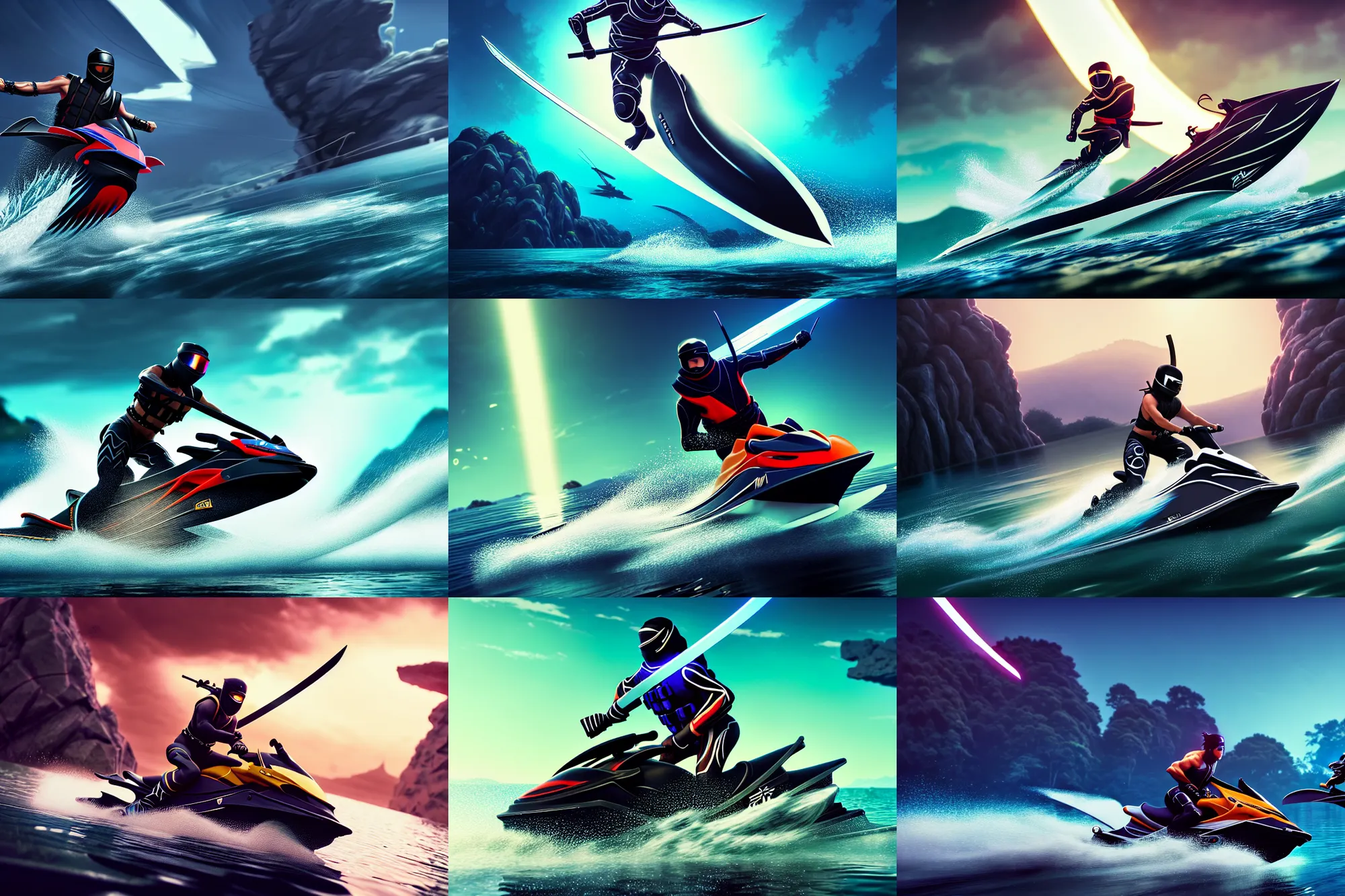 Prompt: full body drawing of a [ ninja riding jetski ] wearing a katana, intricate, epic lighting, cinematic composition, hyper realistic, 8 k resolution, unreal engine 5, by artgerm, tooth wu, dan mumford, beeple, wlop, rossdraws, james jean, andrei riabovitchev, artstation