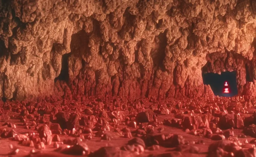 Image similar to screenshot of a crystal cave made of red gemstone kyber crystals, master Luke Skywalker stands in the center of the red cave, iconic scene from the 1970s Star Wars film directed by Stanely Kubrick film, color kodak, ektochrome, anamorphic lenses, detailed faces, moody cinematography