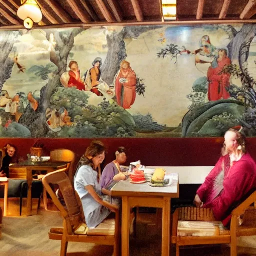 Prompt: drinking tea at a tea house in the style of sistine chapel fresco