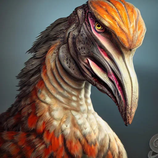 Image similar to realistic portrait of an axebeak, fantasy book, high detail, 8 k, octane render painting, dark fantasy