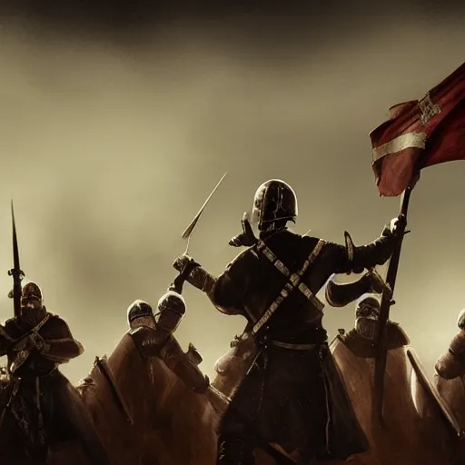 Image similar to realistic, 5 medieval soldiers, in line, pikes, hellbards, banner, flag, mist, picture from behind, epic, digital art, illustration, fantasy, realistic sketch, dark