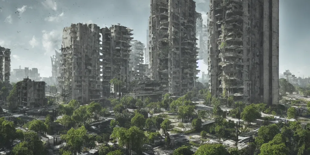 Image similar to An abandoned expansive brutalist city made of concrete:: overgrown by green plants and lit by sunlight:: Beautiful lighting:: highly detailed digital art, trending on Artstation::