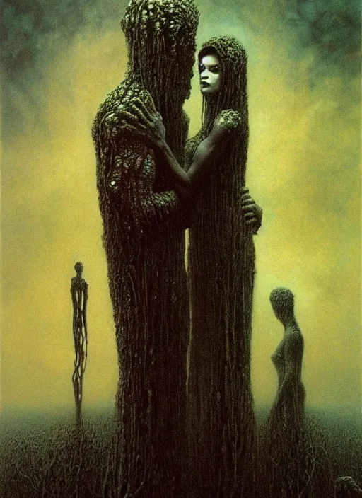 Image similar to lovecraftian man and female by Beksinski and Luis Royo