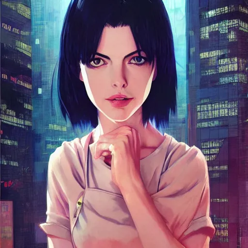 Image similar to ann hathaway portrait as manga girl, realistic shaded perfect face, fine details. anime. realistic shaded lighting poster by ilya kuvshinov katsuhiro otomo ghost - in - the - shell, magali villeneuve, artgerm, jeremy lipkin and michael garmash and rob rey