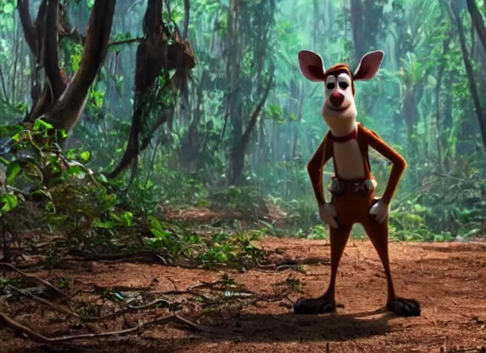 Image similar to a still from a pixar movie, of a kangaroo dressed like indiana jones, standing in a tropical forest, hd 4 k high detailed