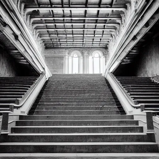 Prompt: black and white press photograph, highly detailed vast space made of stairsteps, detailed textures, natural light, mist, architecture photography, film grain, soft vignette, sigma 1 4 mm f / 1. 4 1 / 1 0 sec shutter, darren aronofsky film still promotional image, imax 7 0 mm footage