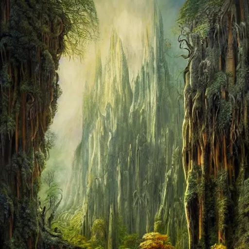 Prompt: a beautiful and highly detailed oil painting of an elven temple deep in the misty mountains, secret valley, tall spires, beautiful trees, ancient runes, intricate details, epic scale, insanely complex, 8 k, sharp focus, hyper realism, fantasy landscape, psychedelic, by caspar friedrich and brian froud,