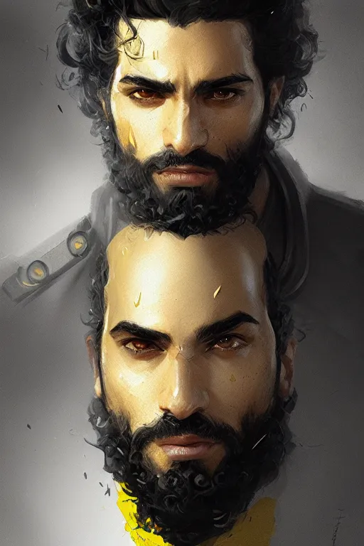 Image similar to Arab man light beard, curly hair, swordsman, modern, hero, yellow and charcoal leather, highly detailed, digital painting, artstation, concept art, sharp focus, illustration, by greg rutkowski