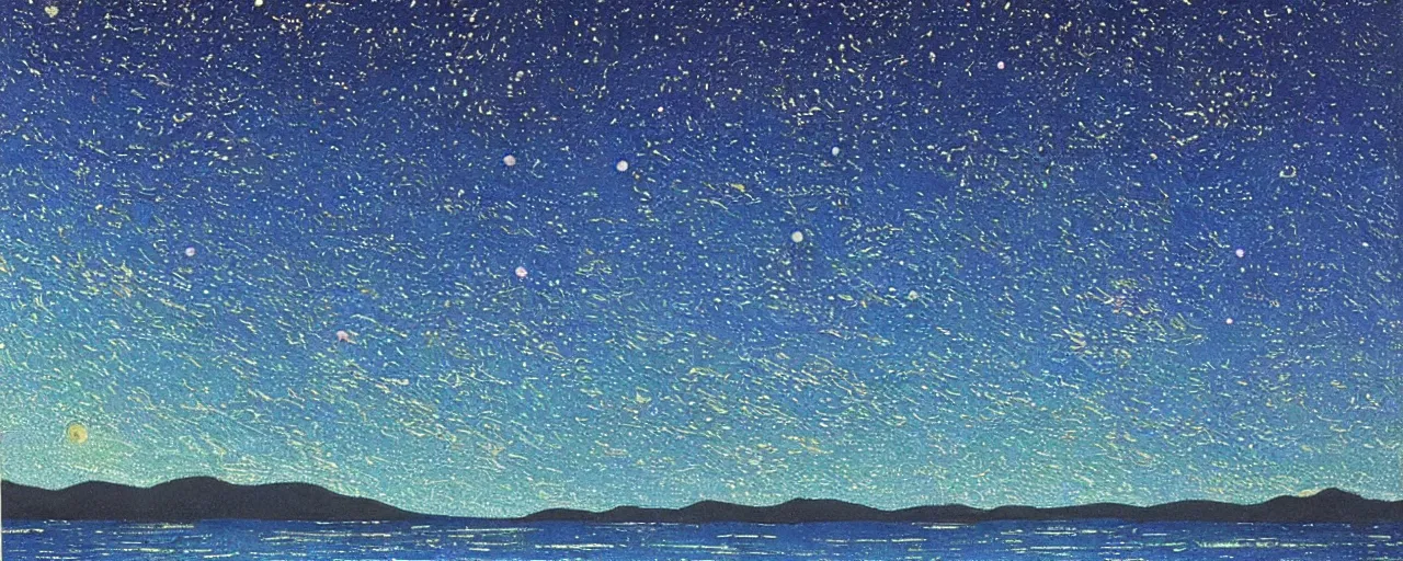 Image similar to ” beautiful starry sky and ocean painted by moebius. ”