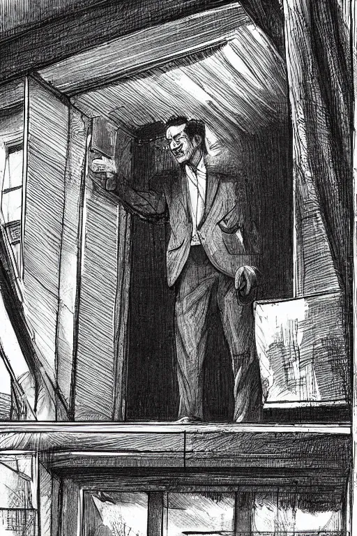 Image similar to A government man from Half-life stands on the balcony of a two-story panel house and watches